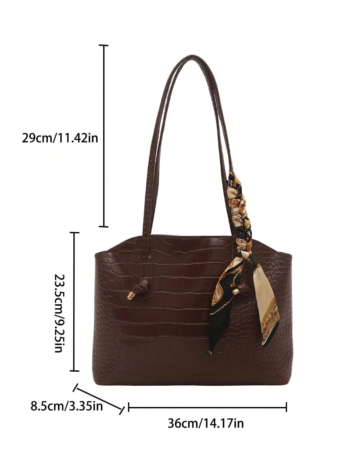 BEGLAM - Sac à Main Texture Crocodile Marron Café avec Foulard Soyeux