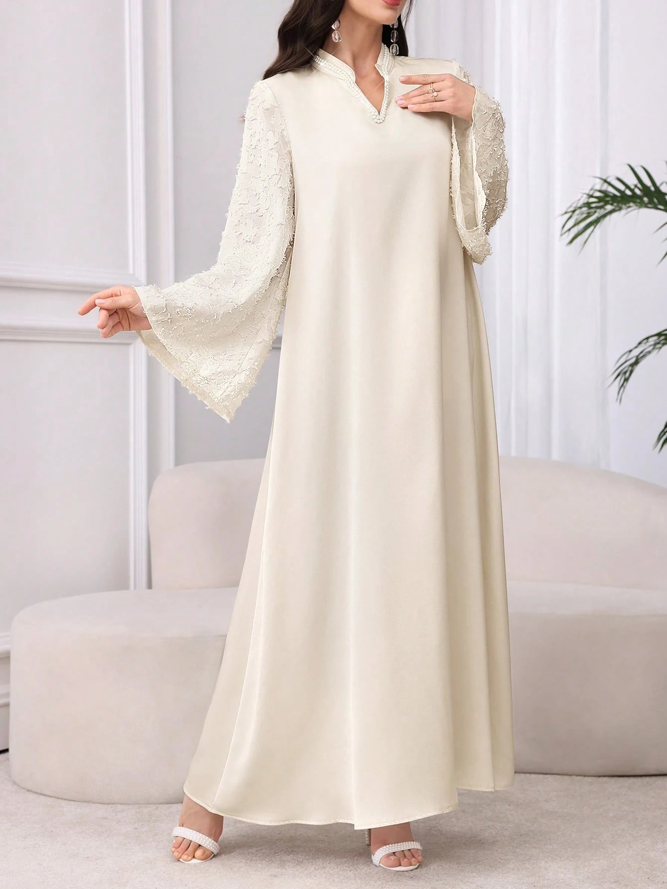 NAJMA – Robe Longue "Éclat Nacré" – Satin & Manches Texturées - Véluxe - Daily Look