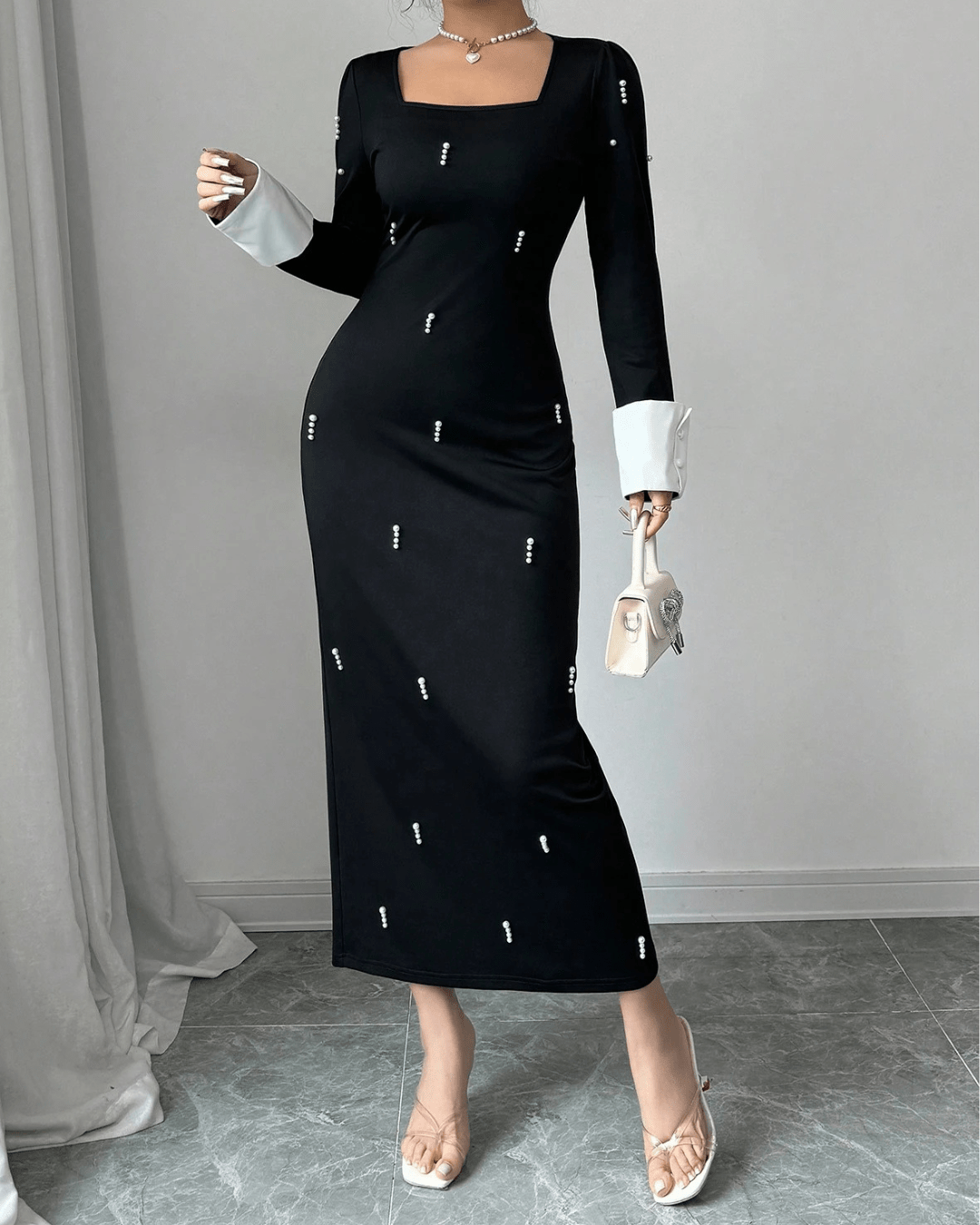 SELIANNE – Robe Longue Noire Ornée de Perles - Véluxe - Daily Look