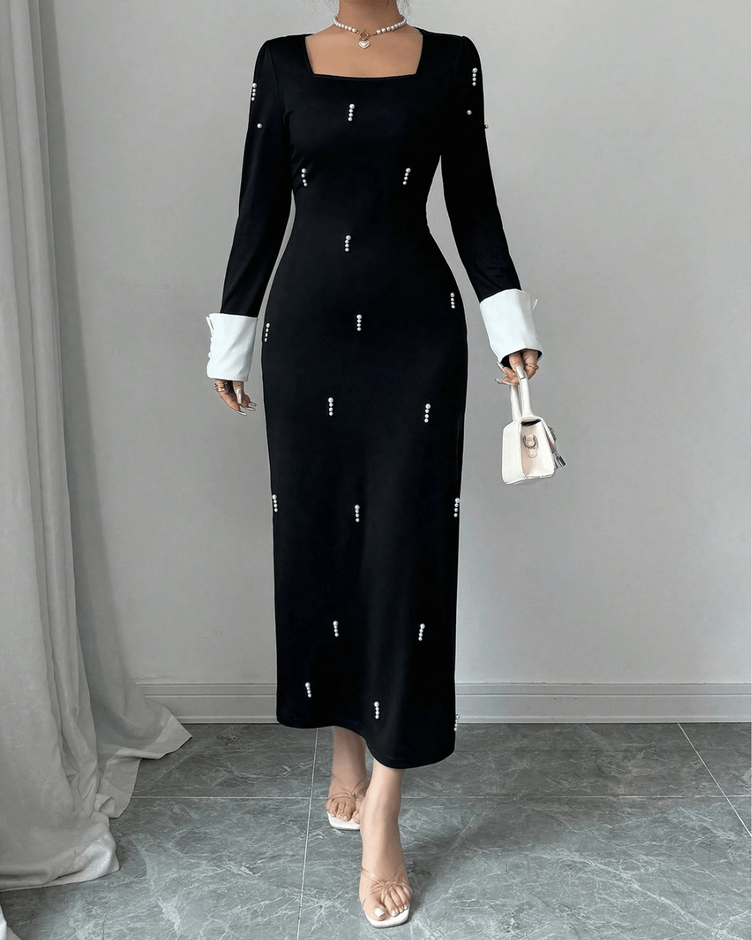 SELIANNE – Robe Longue Noire Ornée de Perles - Véluxe - Daily Look