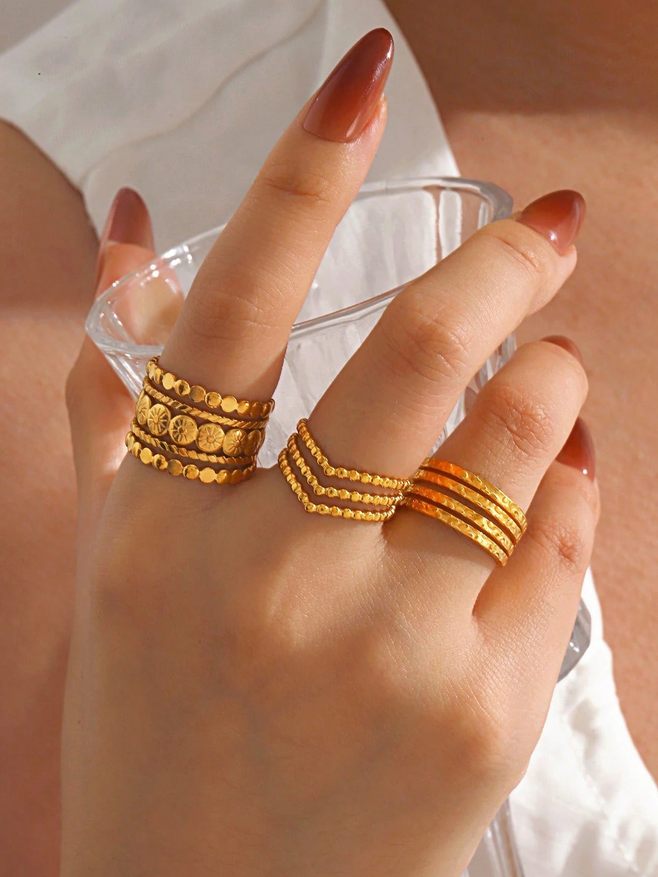 SHINEON - Trio de Bagues Bohème – Doré Texturé - Véluxe - Daily Look